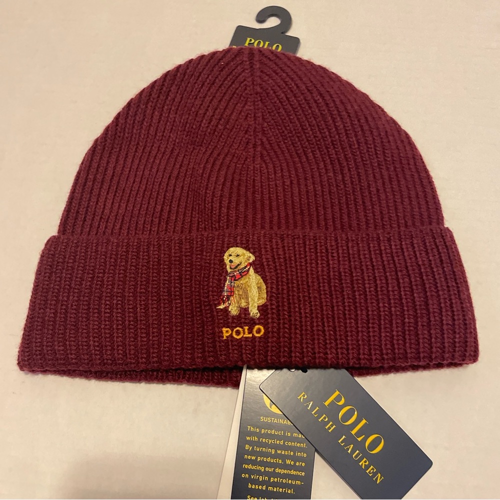 POLO RALPH LAUREN Men's GOLDEN RETRIEVER DOG Beanie Hat Skull Watch Cap, WINE